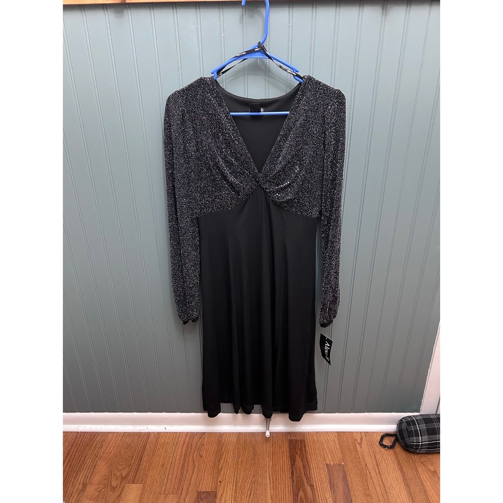 Alexa B Nites Womens Black Silver Metallic Shimmer V-Neck Midi Dress Size 6 NEW